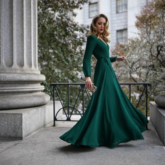 Reformation Milan Emerald Green Long Sleeve Wrap Maxi Dress Medium - Picture 2 of 11